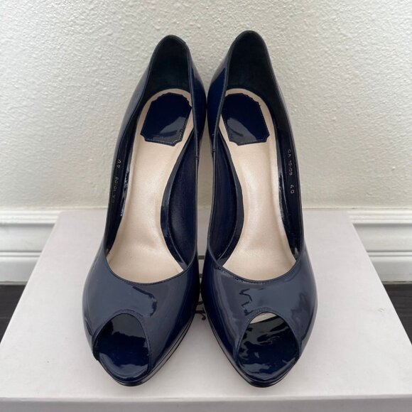 MISS DIOR Escarpin11 Patent Leather Navy Bleu fonce Veau Peep Toe Platform EU 40 - Picture 3 of 13